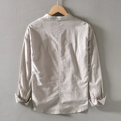 Casual Linen Shirt with Band Collar and Four-Button Placket 5