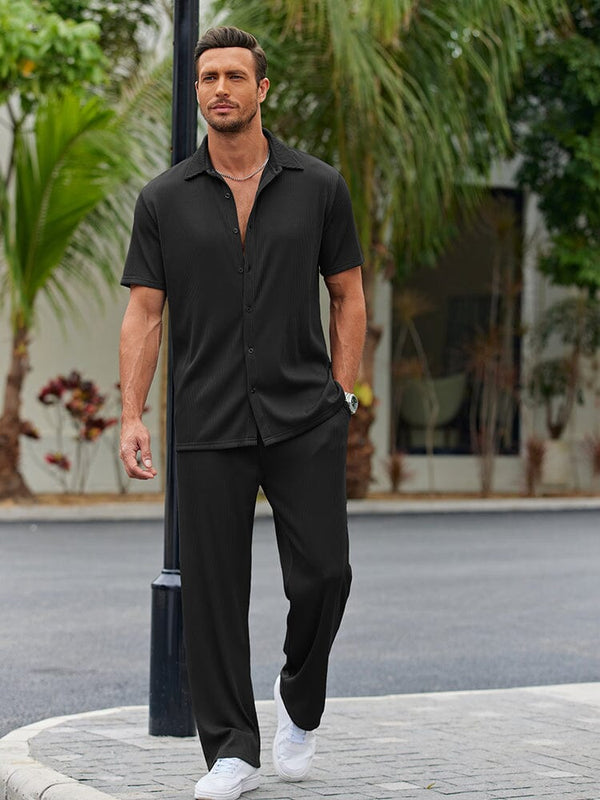 Casual Polyester Shirt Set with Button Front and Drawstring Pants 0