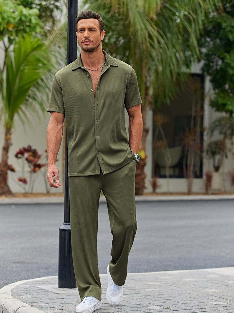 Casual Polyester Shirt Set with Button Front and Drawstring Pants 1