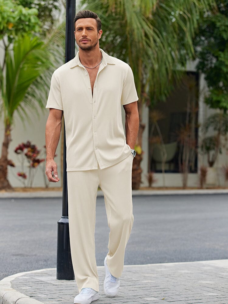 Casual Polyester Shirt Set with Button Front and Drawstring Pants 2