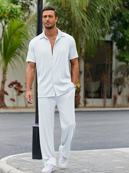 Casual Polyester Shirt Set with Button Front and Drawstring Pants 3
