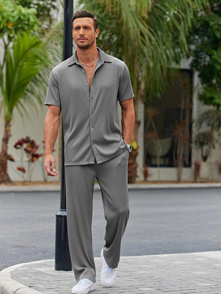 Casual Polyester Shirt Set with Button Front and Drawstring Pants 4