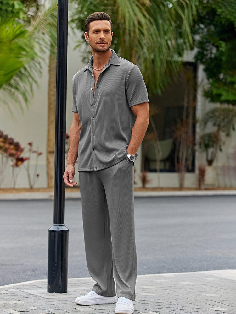 Casual Polyester Shirt Set with Button Front and Drawstring Pants 5