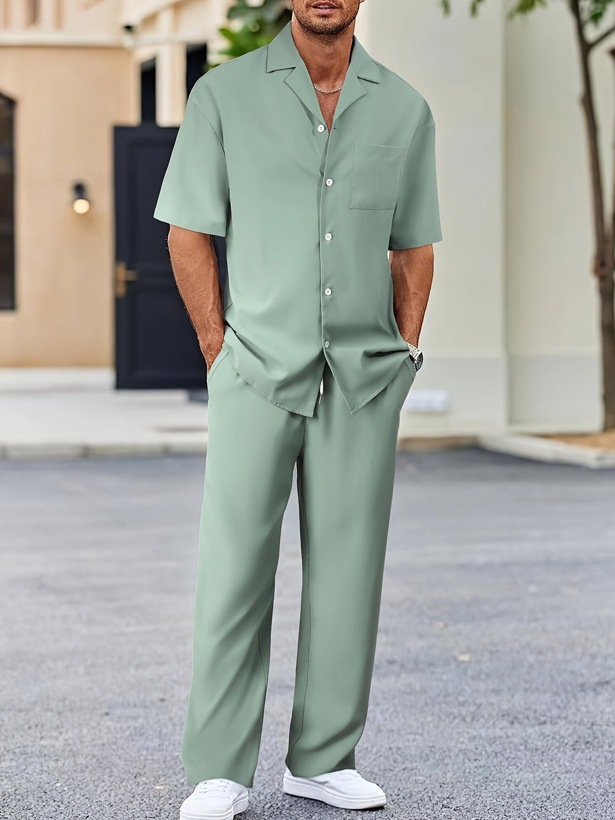 Casual Polyester Shirt Set with Button Front and Drawstring Pants 7