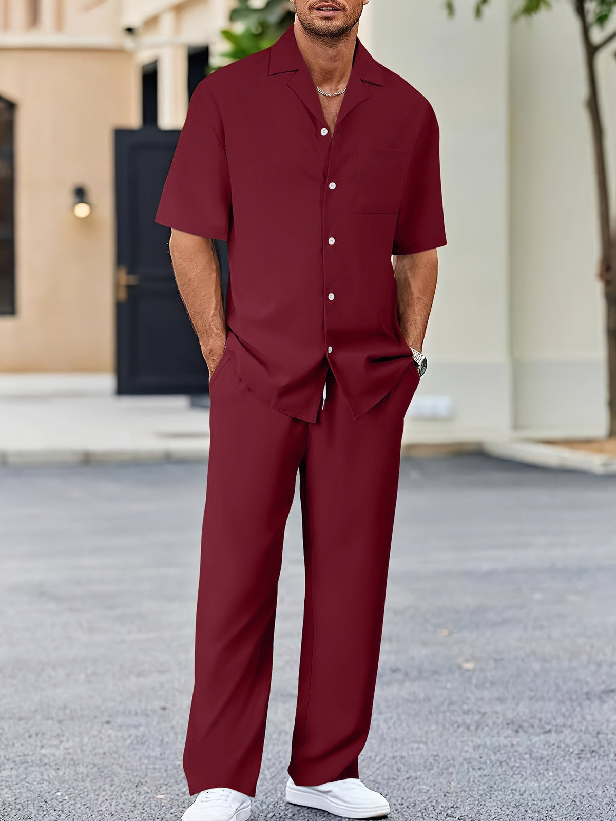 Casual Polyester Shirt Set with Button Front and Drawstring Pants 8