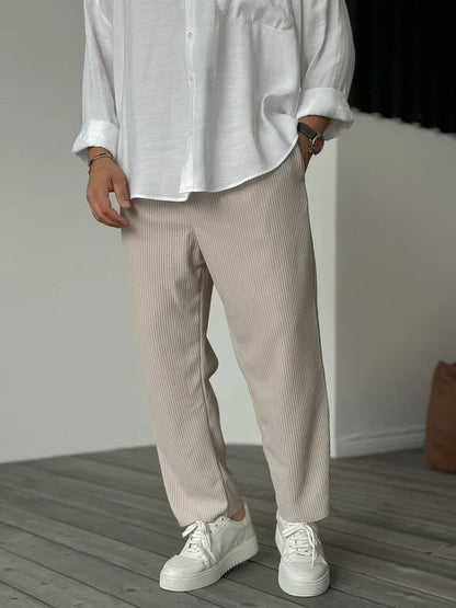 Casual Ribbed Pants with Drawstring Waist and Side Pockets 0