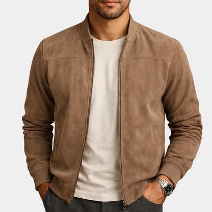 Casual suede- bomber jacket with zip front and ribbed trim 0