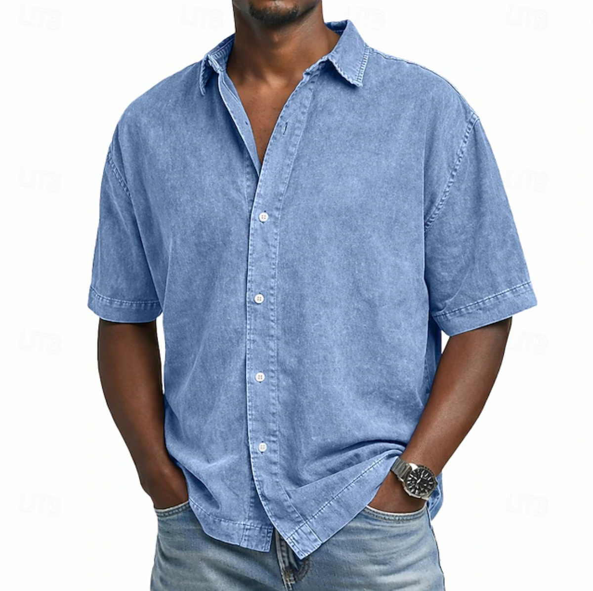 Casual woven button-front shirt with spread collar and short sleeves 0