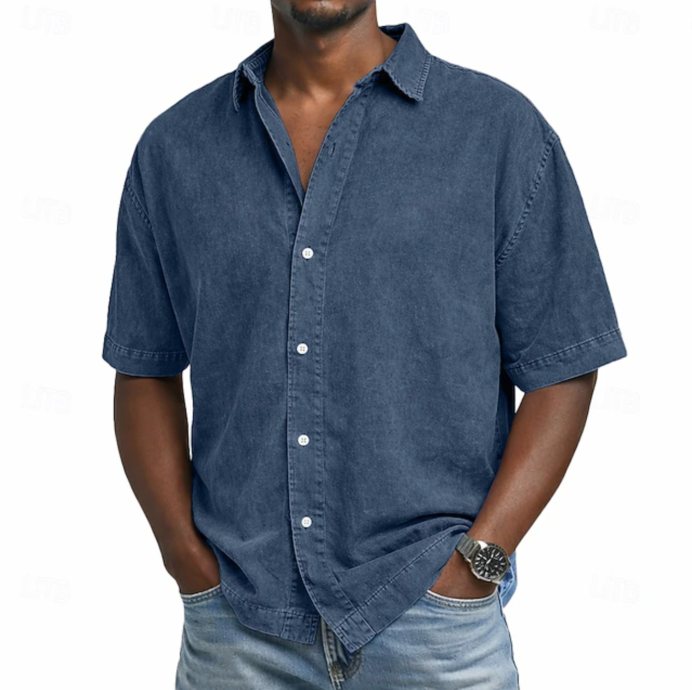 Casual woven button-front shirt with spread collar and short sleeves 2
