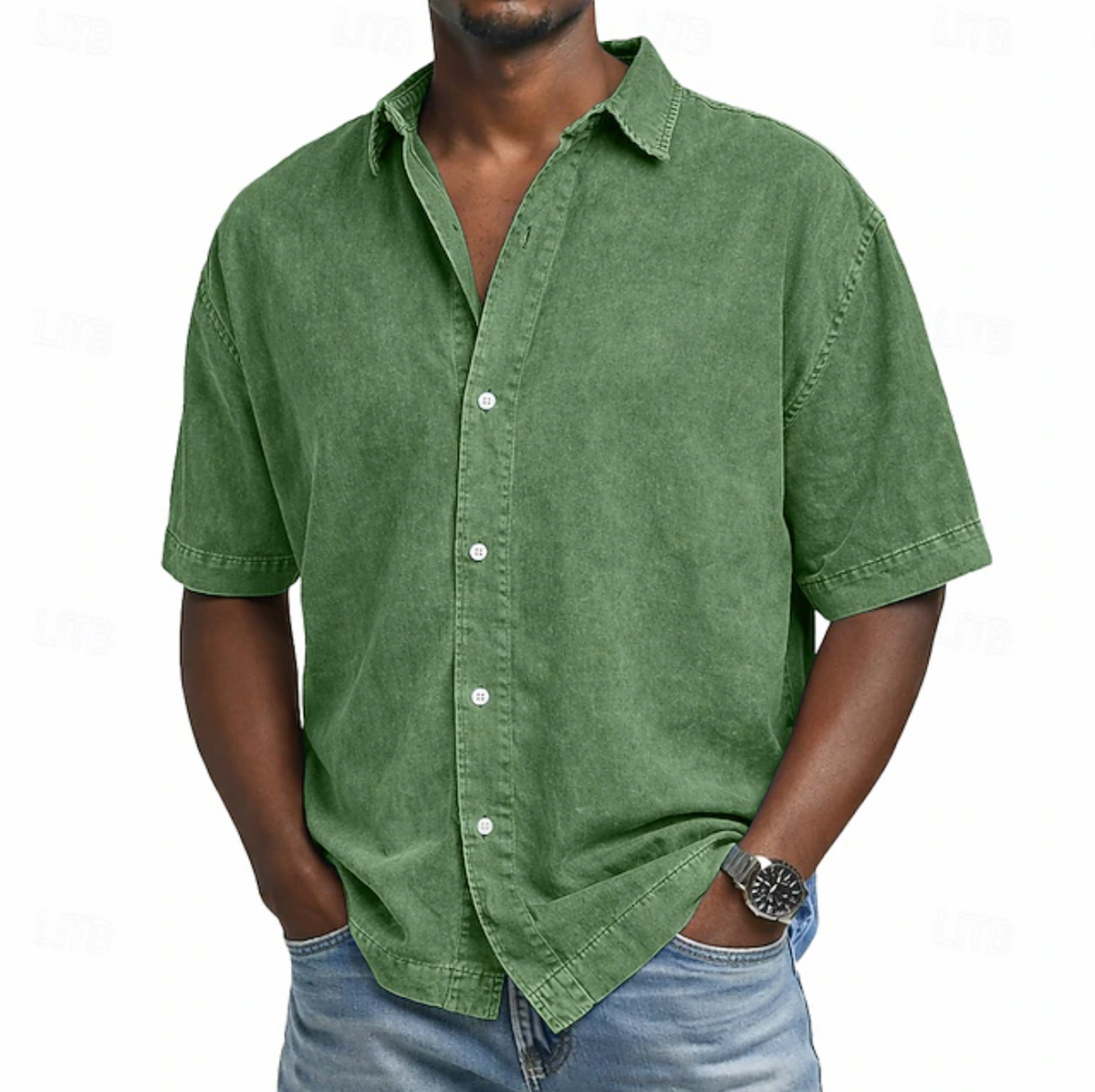 Casual woven button-front shirt with spread collar and short sleeves 4