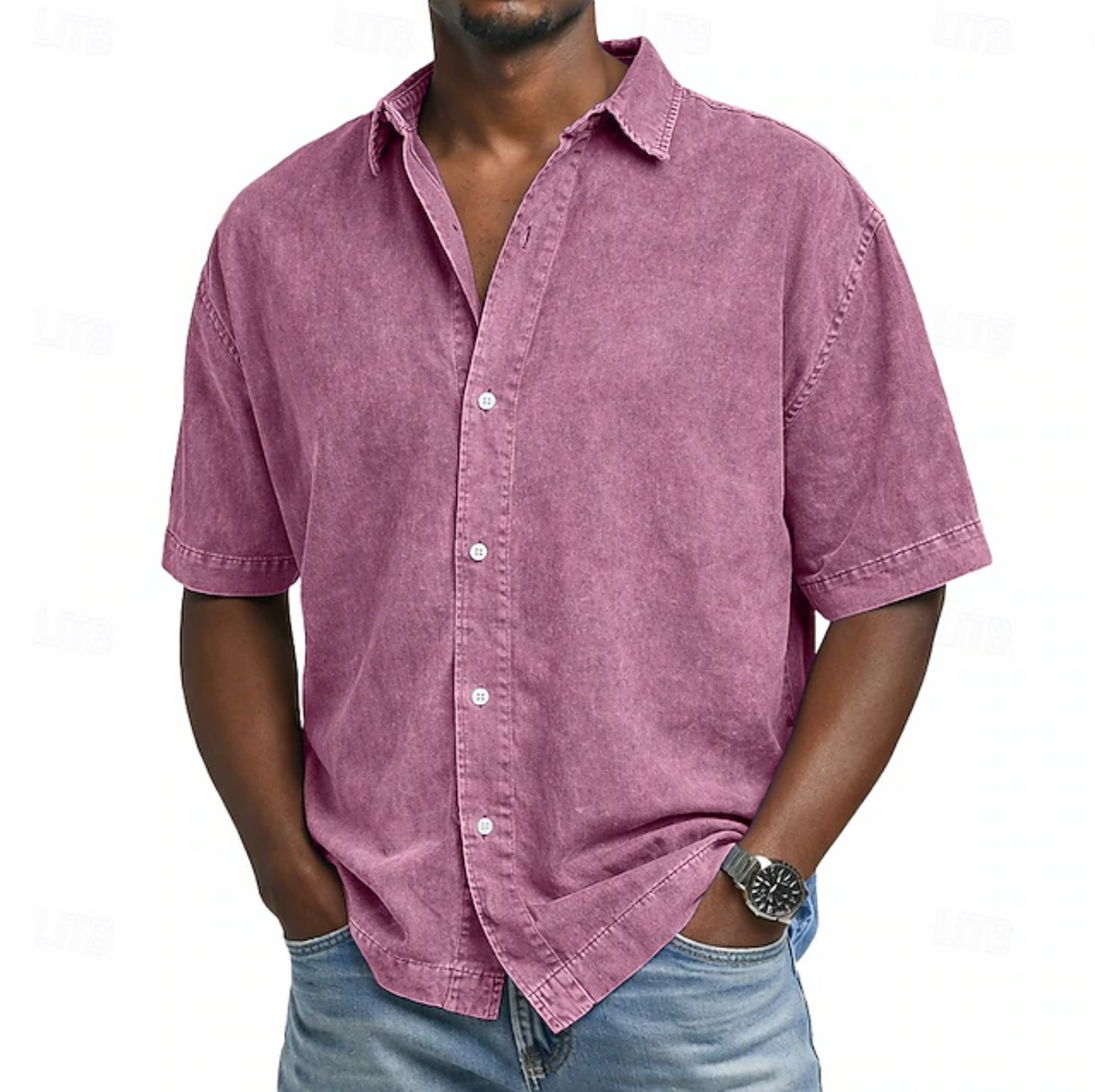 Casual woven button-front shirt with spread collar and short sleeves 5
