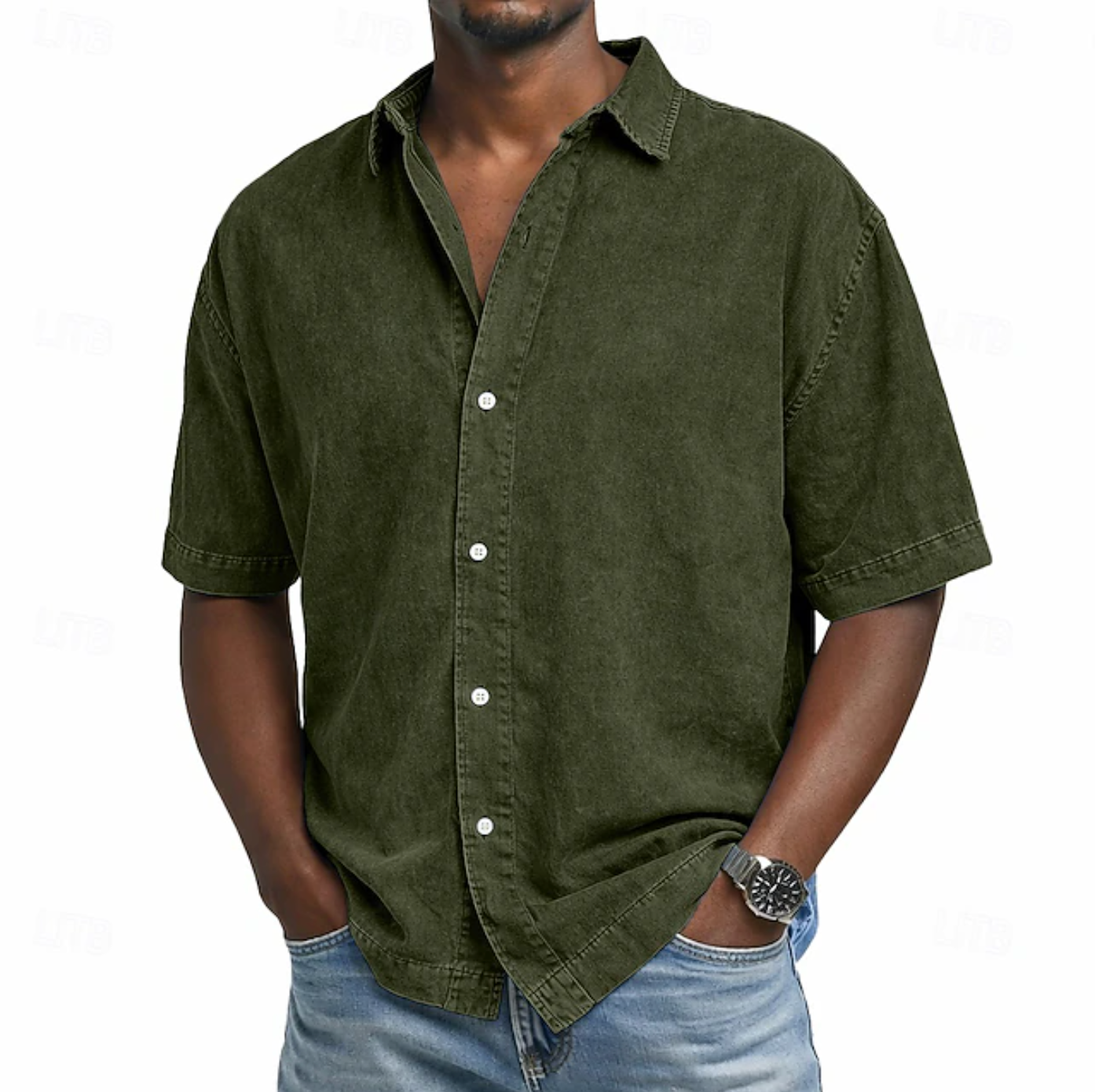Casual woven button-front shirt with spread collar and short sleeves 6