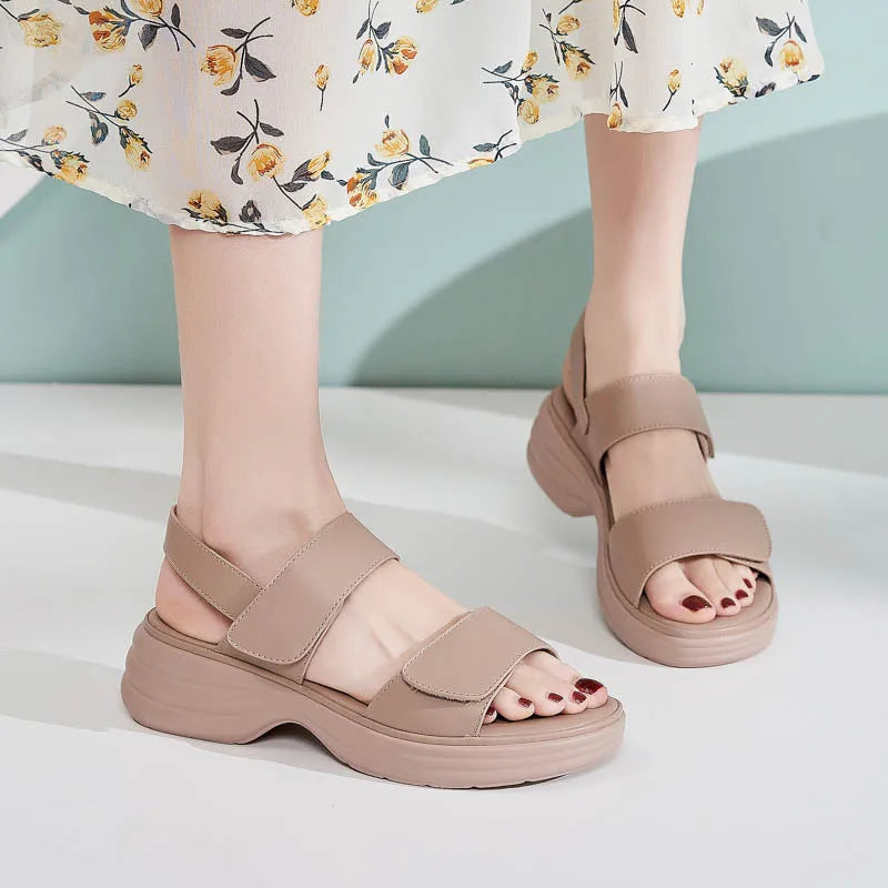 Chic Collection | Women's Sandals with Thick Heel & Magic Tape | Comfortable PU Leather for All-Day Wear 1