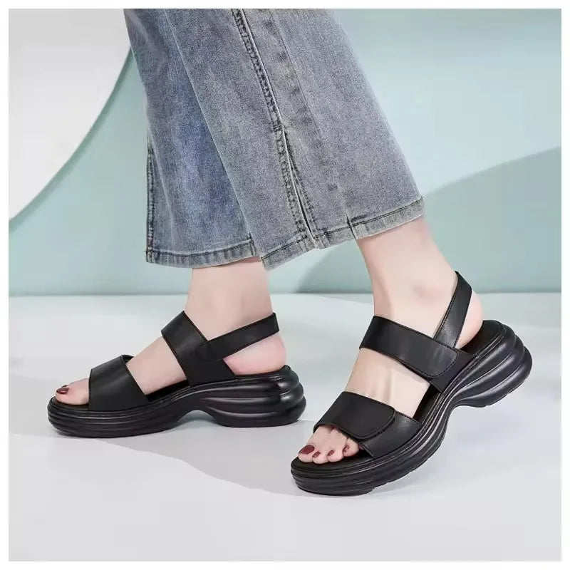 Chic Collection | Women's Sandals with Thick Heel & Magic Tape | Comfortable PU Leather for All-Day Wear 4