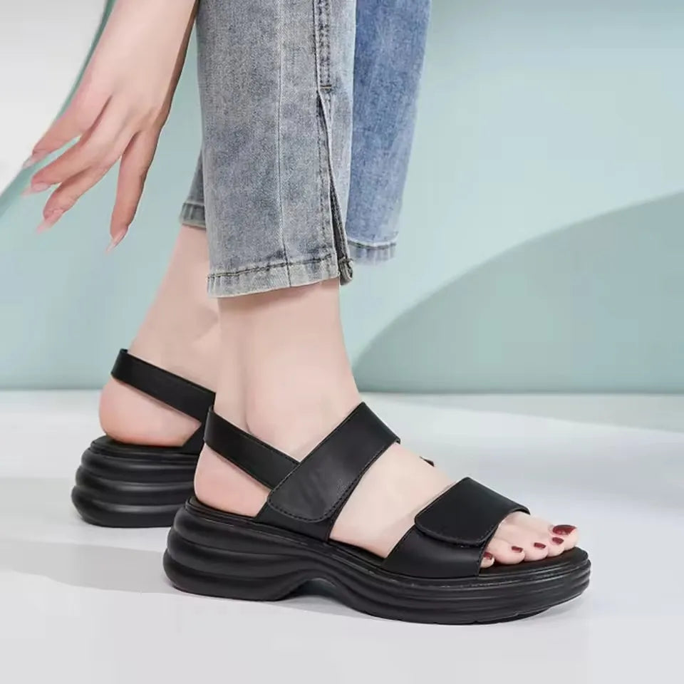 Chic Collection | Women's Sandals with Thick Heel & Magic Tape | Comfortable PU Leather for All-Day Wear 5