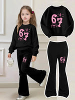 Chic Kids | Girls' Two-Piece Set with Printed Sweatshirt & Bell-Bottom Pants | Stylish Outfit for Ages 4-12 0