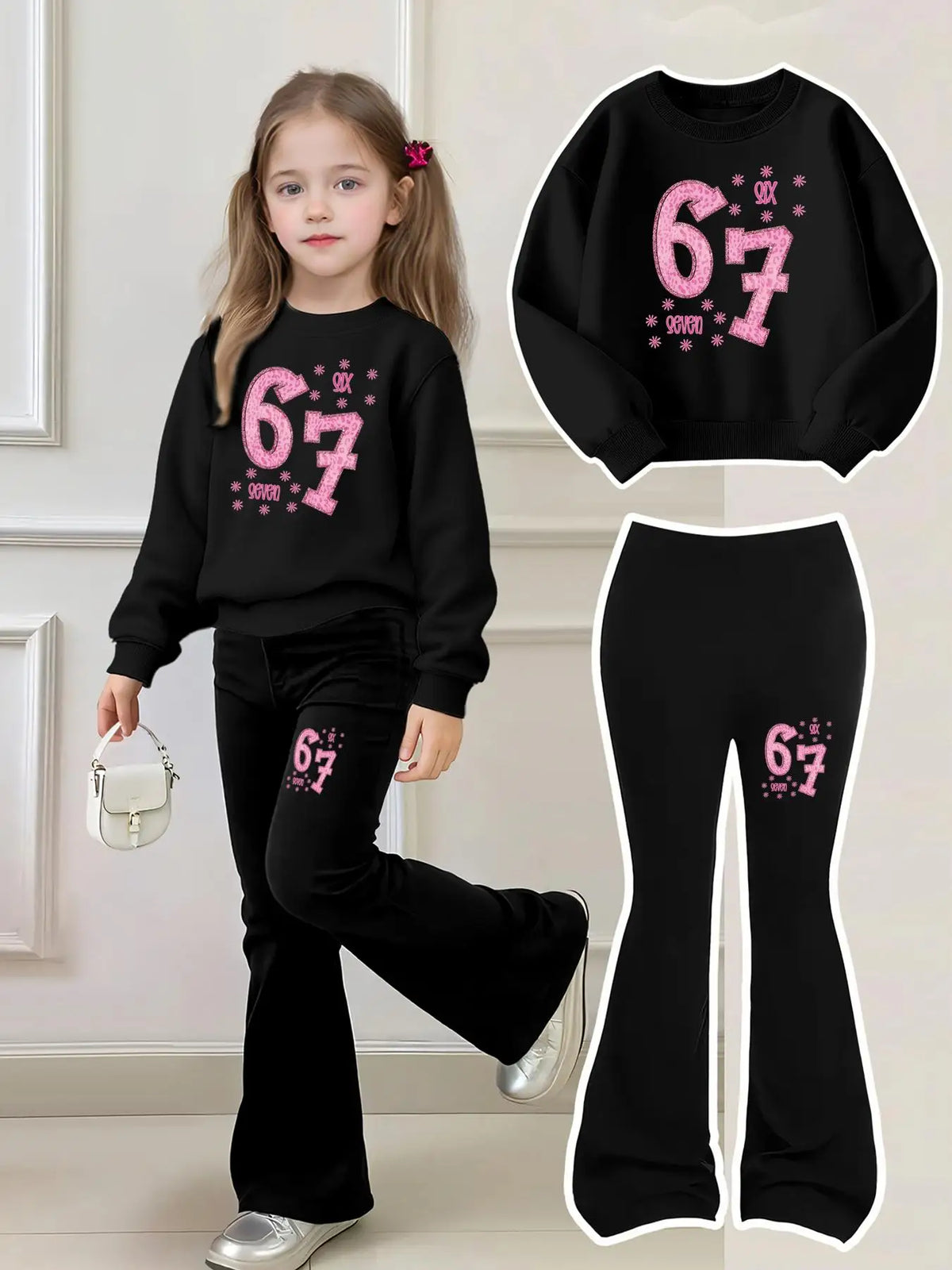 Chic Kids | Girls' Two-Piece Set with Printed Sweatshirt & Bell-Bottom Pants | Stylish Outfit for Ages 4-12 0