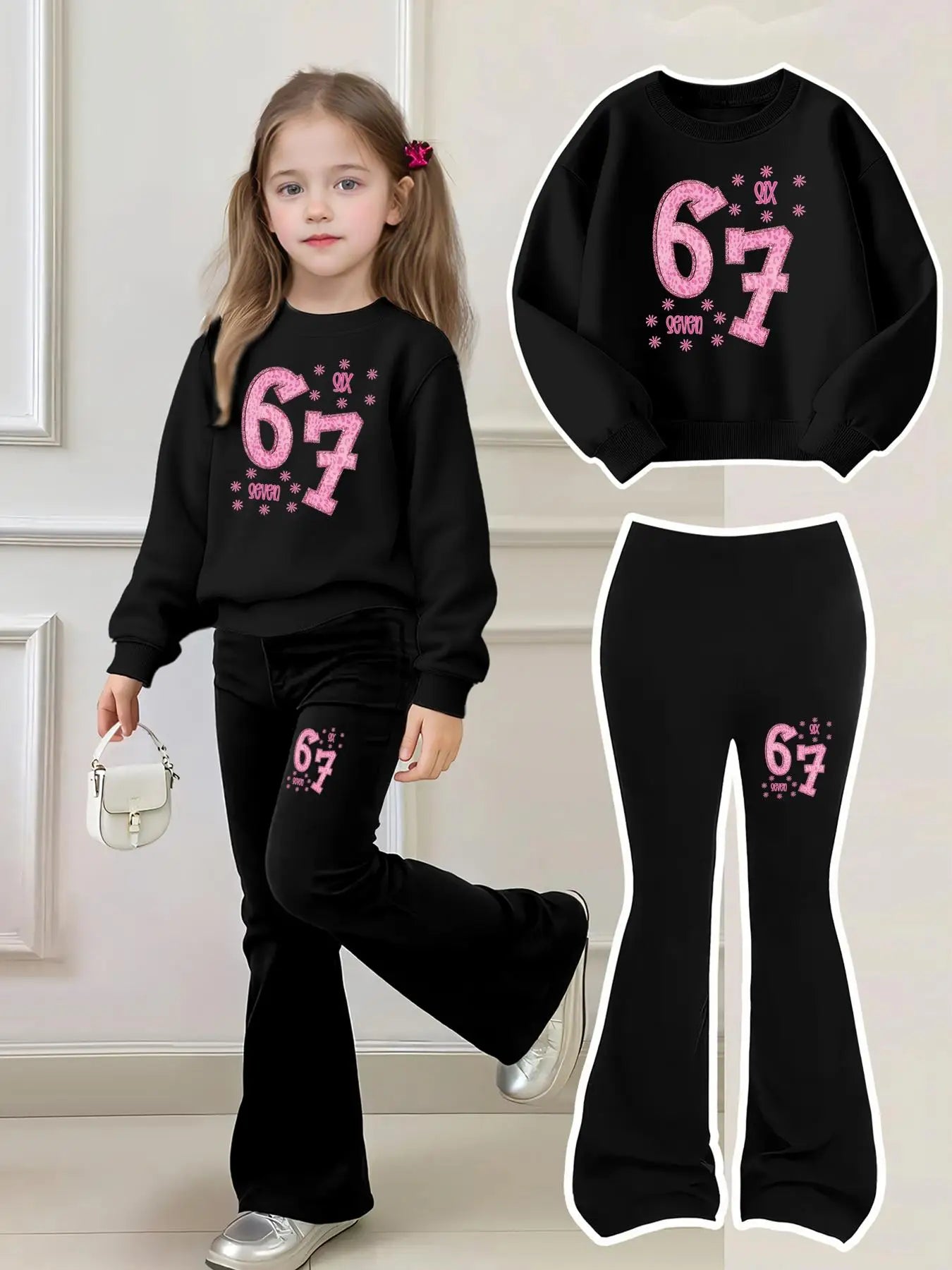 Chic Kids | Girls' Two-Piece Set with Printed Sweatshirt & Bell-Bottom Pants | Stylish Outfit for Ages 4-12 0