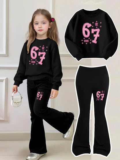 Chic Kids | Girls' Two-Piece Set with Printed Sweatshirt & Bell-Bottom Pants | Stylish Outfit for Ages 4-12 0