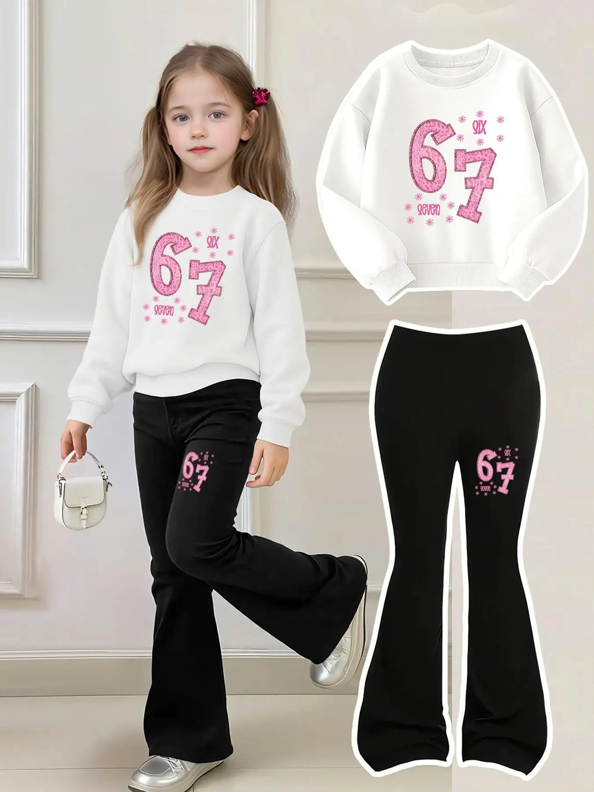 Chic Kids | Girls' Two-Piece Set with Printed Sweatshirt & Bell-Bottom Pants | Stylish Outfit for Ages 4-12 1