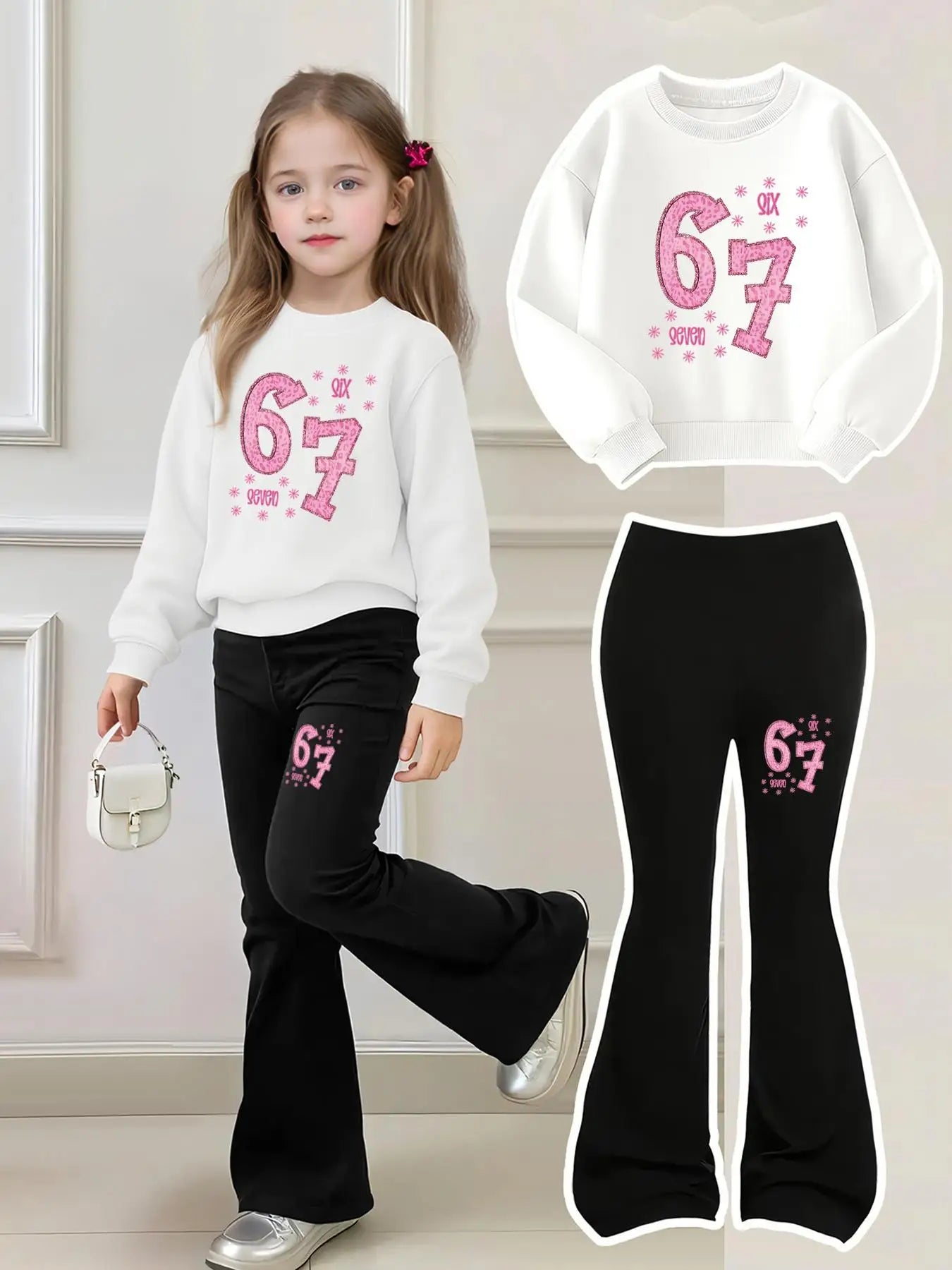 Chic Kids | Girls' Two-Piece Set with Printed Sweatshirt & Bell-Bottom Pants | Stylish Outfit for Ages 4-12 1