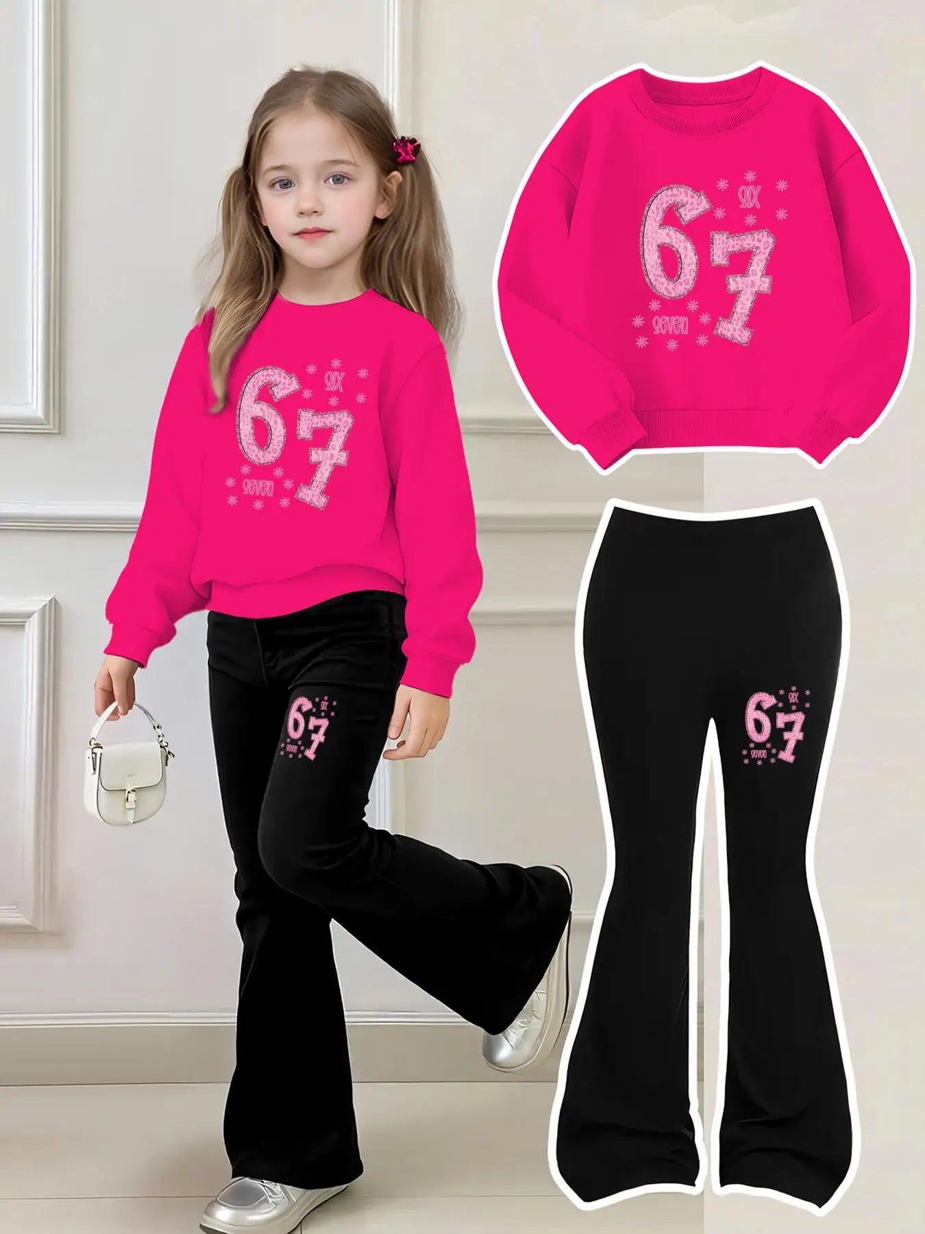 Chic Kids | Girls' Two-Piece Set with Printed Sweatshirt & Bell-Bottom Pants | Stylish Outfit for Ages 4-12 2