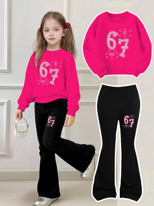 Chic Kids | Girls' Two-Piece Set with Printed Sweatshirt & Bell-Bottom Pants | Stylish Outfit for Ages 4-12 2