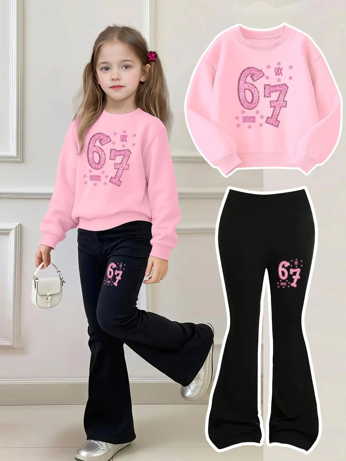 Chic Kids | Girls' Two-Piece Set with Printed Sweatshirt & Bell-Bottom Pants | Stylish Outfit for Ages 4-12 3
