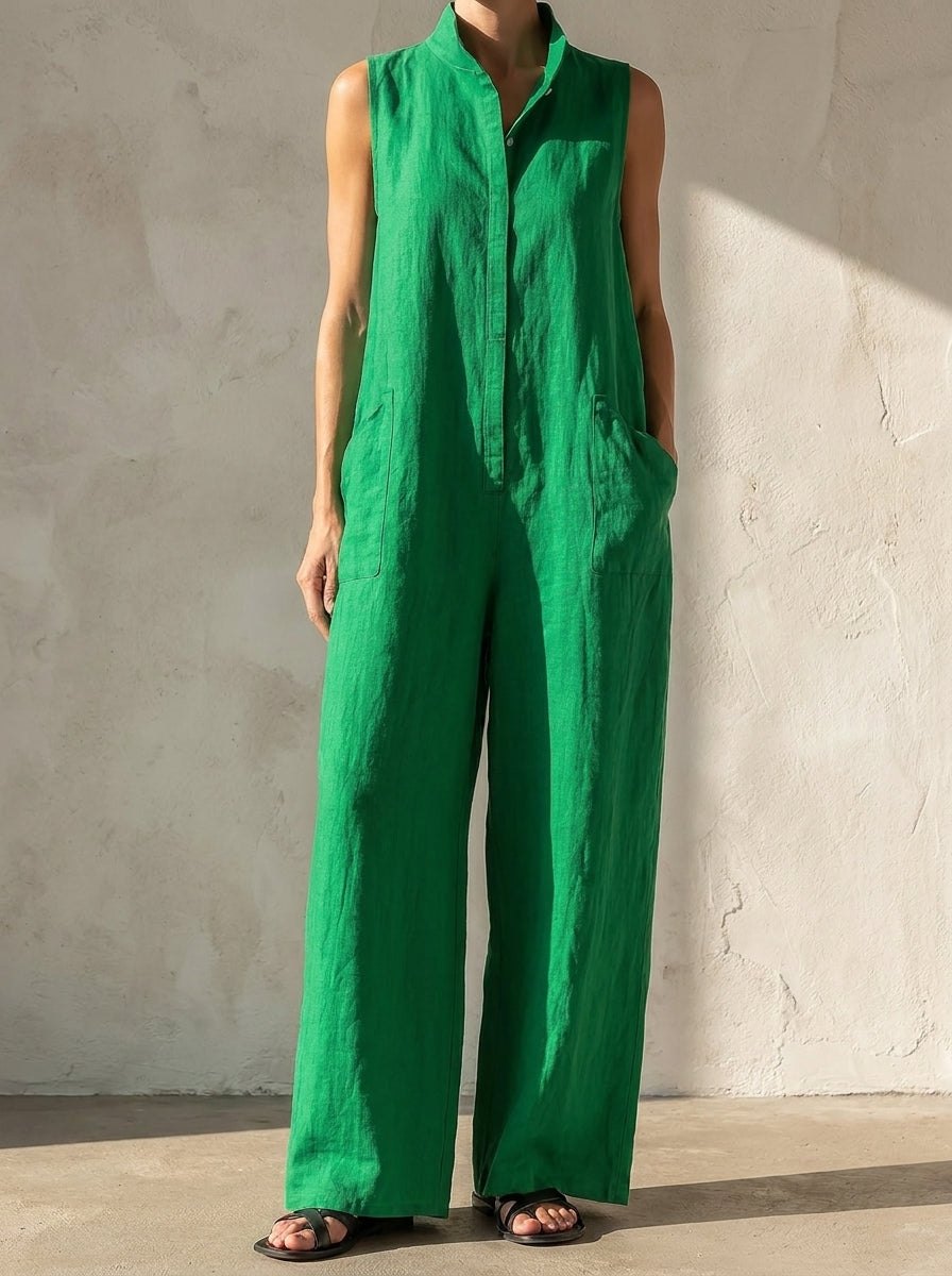 Clara Collection | Women's Elegant Linen-Blend Jumpsuit with High Neck | Relaxed Fit for Effortless Style 0