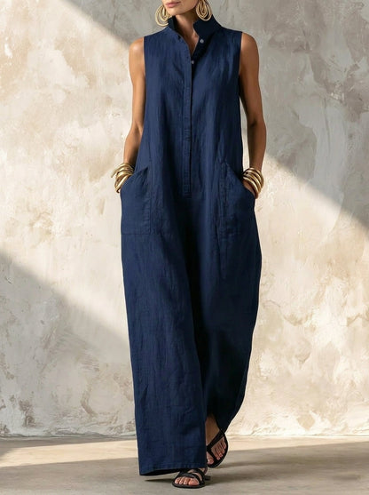 Clara Collection | Women's Elegant Linen-Blend Jumpsuit with High Neck | Relaxed Fit for Effortless Style 1