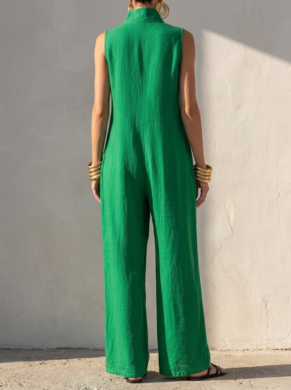 Clara Collection | Women's Elegant Linen-Blend Jumpsuit with High Neck | Relaxed Fit for Effortless Style 4