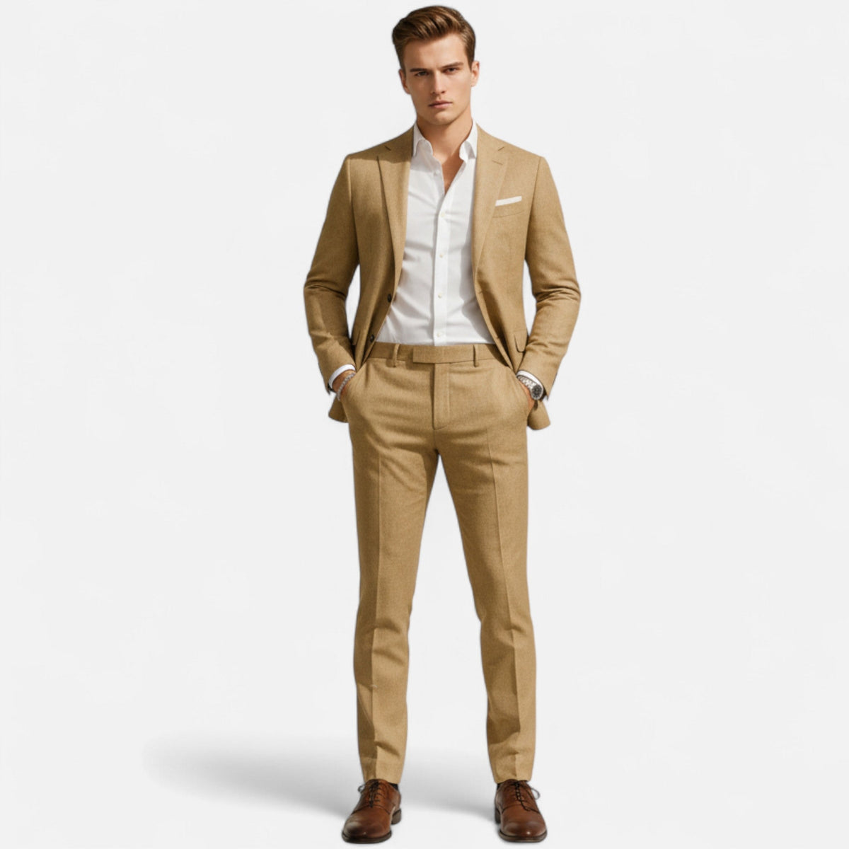 Classic Linen Suit Set with Notch Lapel and Two-Button Jacket 1