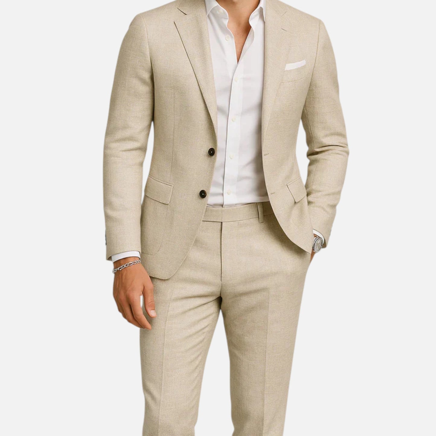 Classic Linen Suit Set with Notch Lapel and Two-Button Jacket 3