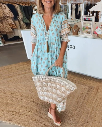Claudia | Boho V-Neck Printed Midi Dress 0