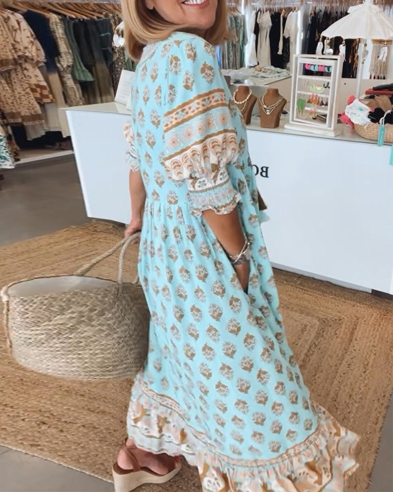 Claudia | Boho V-Neck Printed Midi Dress 2