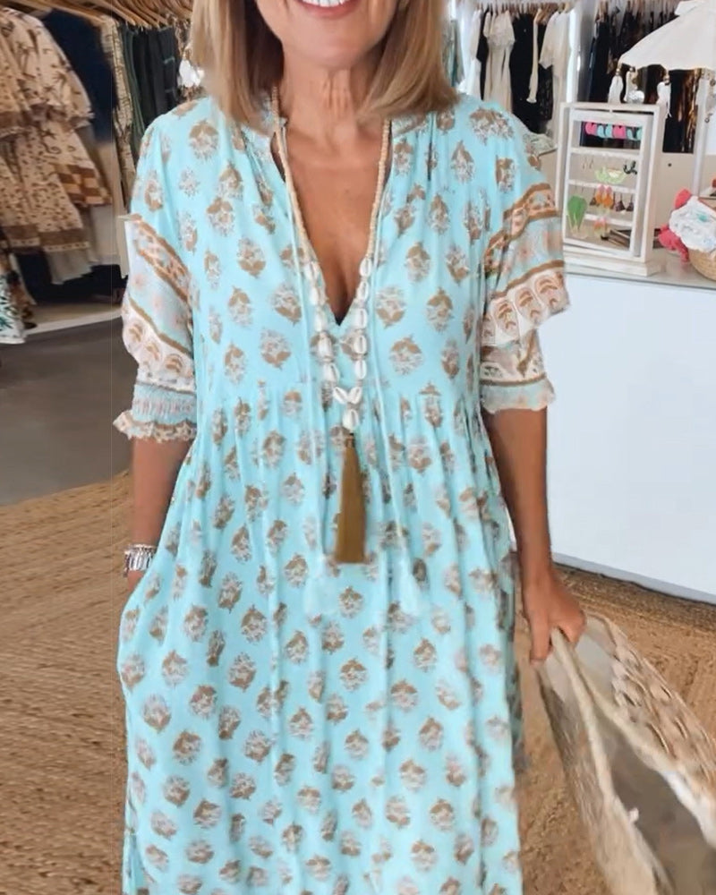 Claudia | Boho V-Neck Printed Midi Dress 3