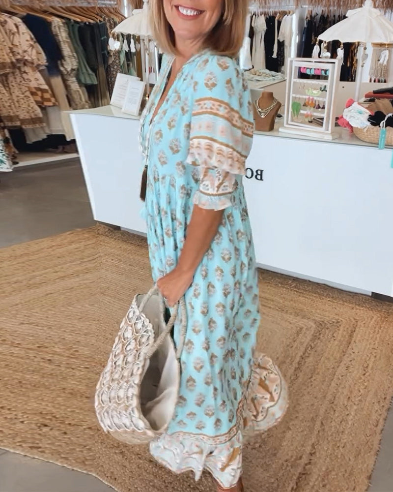 Claudia | Boho V-Neck Printed Midi Dress 4