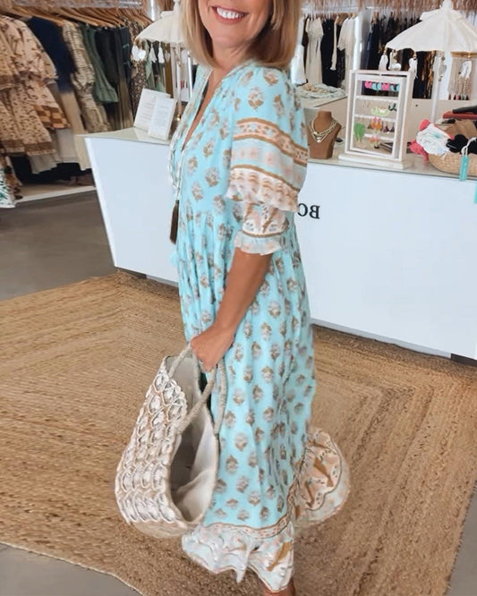 Claudia | Boho V-Neck Printed Midi Dress 4