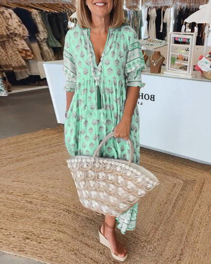 Claudia | Boho V-Neck Printed Midi Dress 5