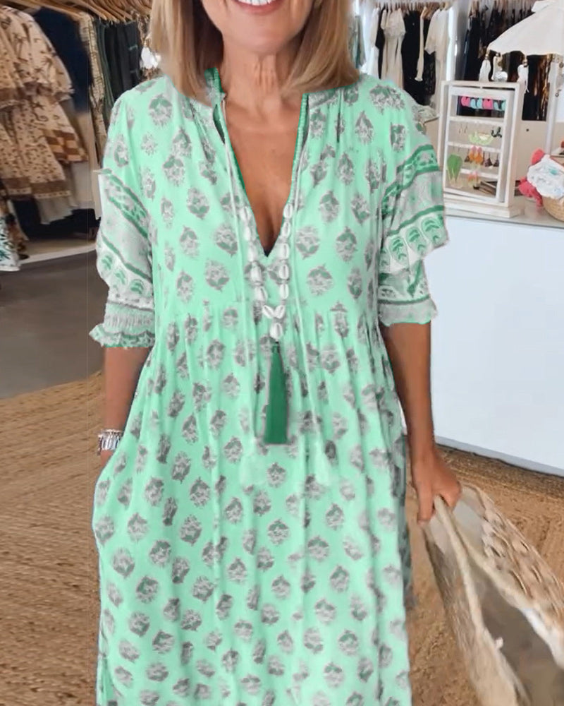 Claudia | Boho V-Neck Printed Midi Dress 6