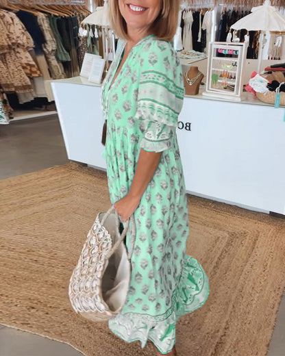 Claudia | Boho V-Neck Printed Midi Dress 8