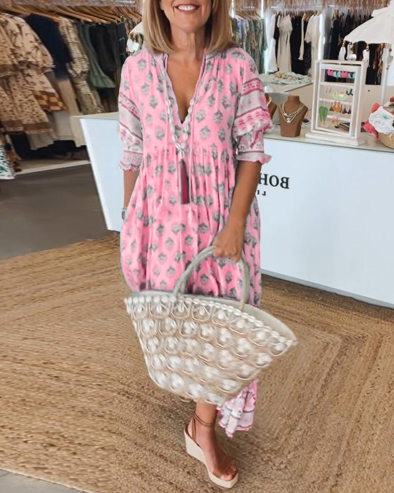 Claudia | Boho V-Neck Printed Midi Dress 9