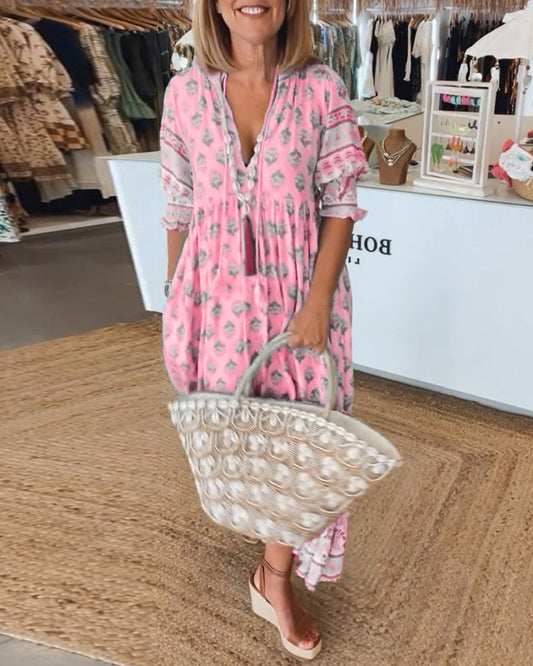 Claudia | Boho V-Neck Printed Midi Dress 9