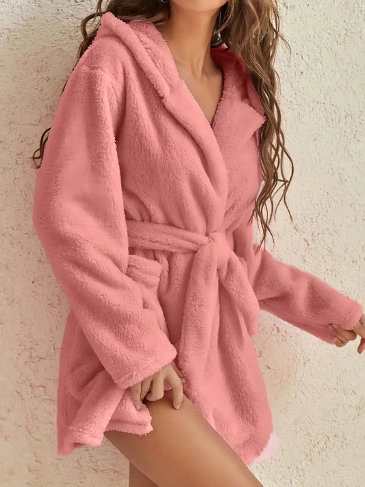 Cozy Comfort | Women's Hooded Fleece Robe with Adjustable Belt | Soft Bathrobe for Warmth in Autumn & Winter 3