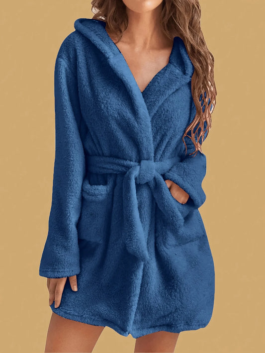 Cozy Comfort | Women's Hooded Fleece Robe with Adjustable Belt | Soft Bathrobe for Warmth in Autumn & Winter 4