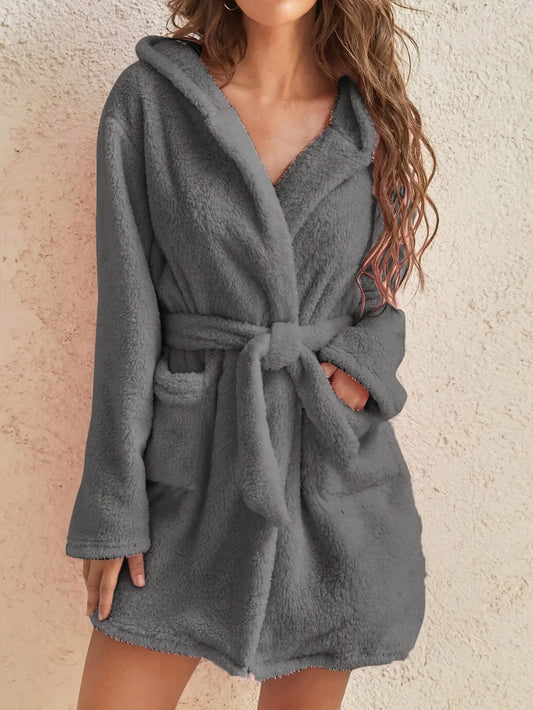Cozy Comfort | Women's Hooded Fleece Robe with Adjustable Belt | Soft Bathrobe for Warmth in Autumn & Winter 7