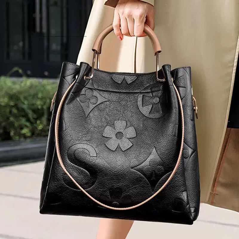 Elegant Floral Leather Tote Bag Set with Spacious Interior for Stylish Everyday Use 0