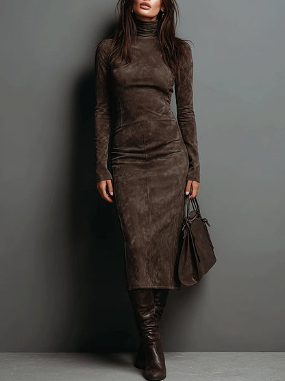 Chic Suede Midi Dress with Long Sleeves and High Neck – Effortless Sophistication for Autumn–Winter