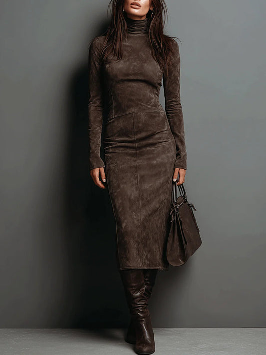 Chic Suede Midi Dress with Long Sleeves and High Neck – Effortless Sophistication for Autumn–Winter