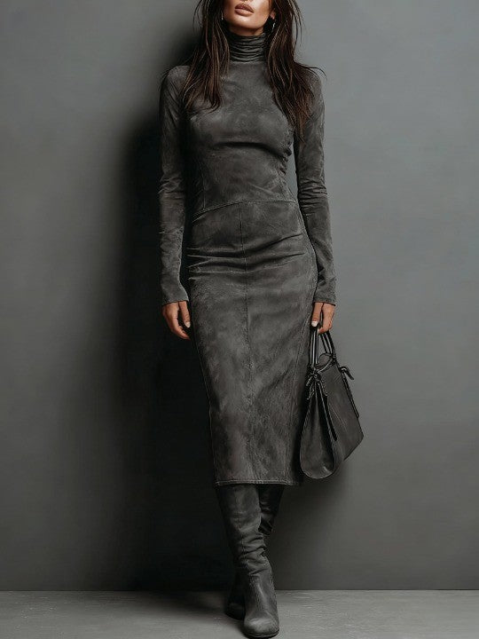 Chic Suede Midi Dress with Long Sleeves and High Neck – Effortless Sophistication for Autumn–Winter